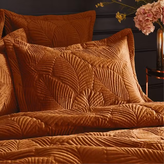 Paoletti Palmeria Quilted Velvet Pillowcase in Burnt Orange and Rust