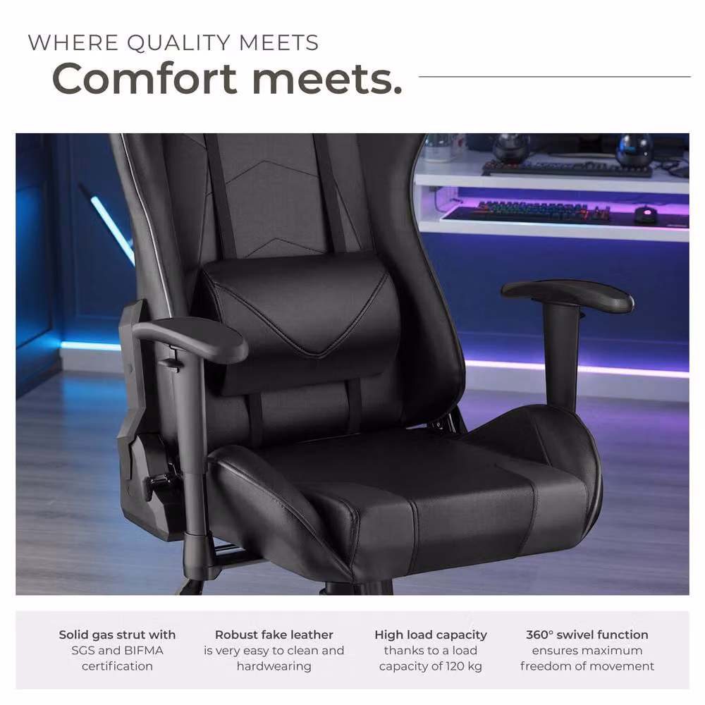 tectake Stealth Gaming Chair in Black with Synthetic Leather and Headrest – 8