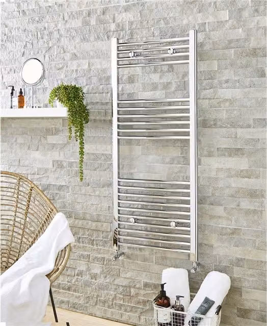 Clifton Vertical Curved Bathroom Towel Rail, Silver, H: 120 cm, W: 50 cm