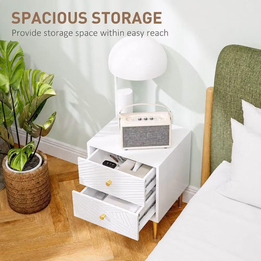 HOMCOM Modern White Bedside Table with Drawer and Gold Metal Legs – 2