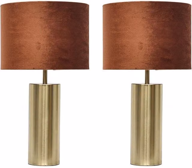First Choice Lighting Set of 2 Gold and Brass Touch Table Lamps with Orange Fabric Shades