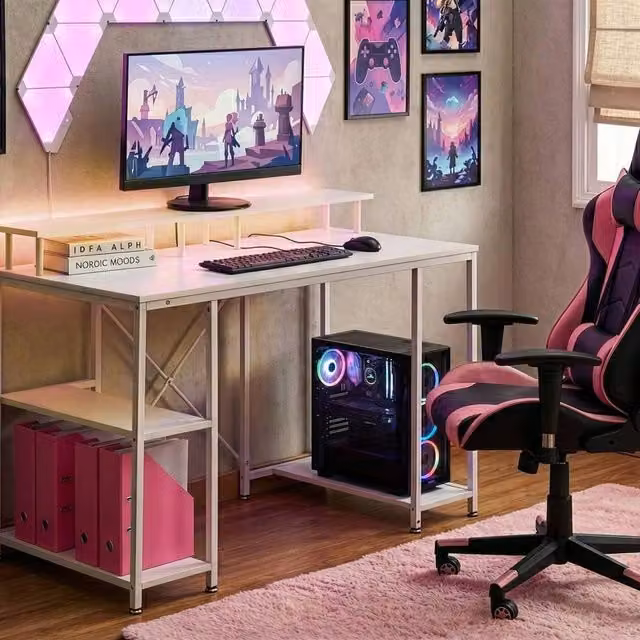 Wyld and Coco White Gaming Desk with 3-Tier Shelf and Raised Monitor Stand