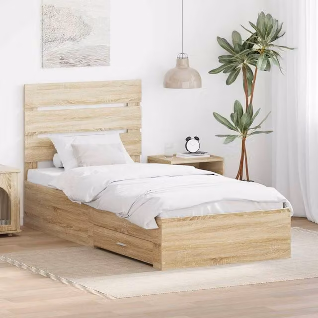 Berkfield Home Sonoma Oak and Silver Bed Frame in Brown Engineered Wood W/D/H: 75 x 190 cm