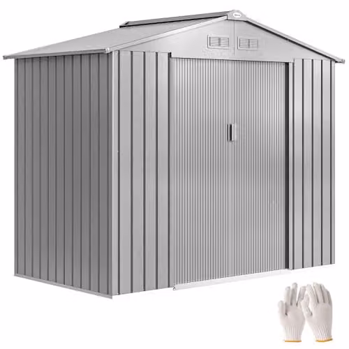 Outsunny Metal Garden Shed in Grey with Foundation Kit, Double Doors and Side Vents