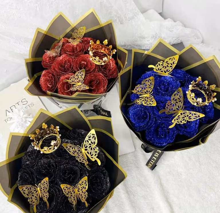 Dragodirect Artificial Blue Rose Flower Bouquet with Glitter Crown and Butterfly in Black