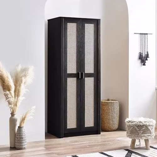 Julian Bowen Sydney 2 Door Rattan Wardrobe in Black Ash, H 202 x W 80 x D 55 cm