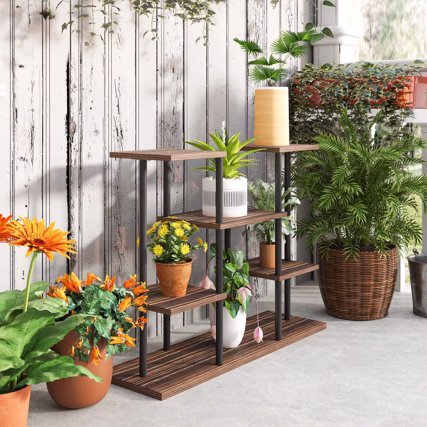 Outsunny Four-Tier Industrial Wooden and Metal Plant Stand, Brown, H 80.0 x W 61.5 x D 24.0 cm – 7