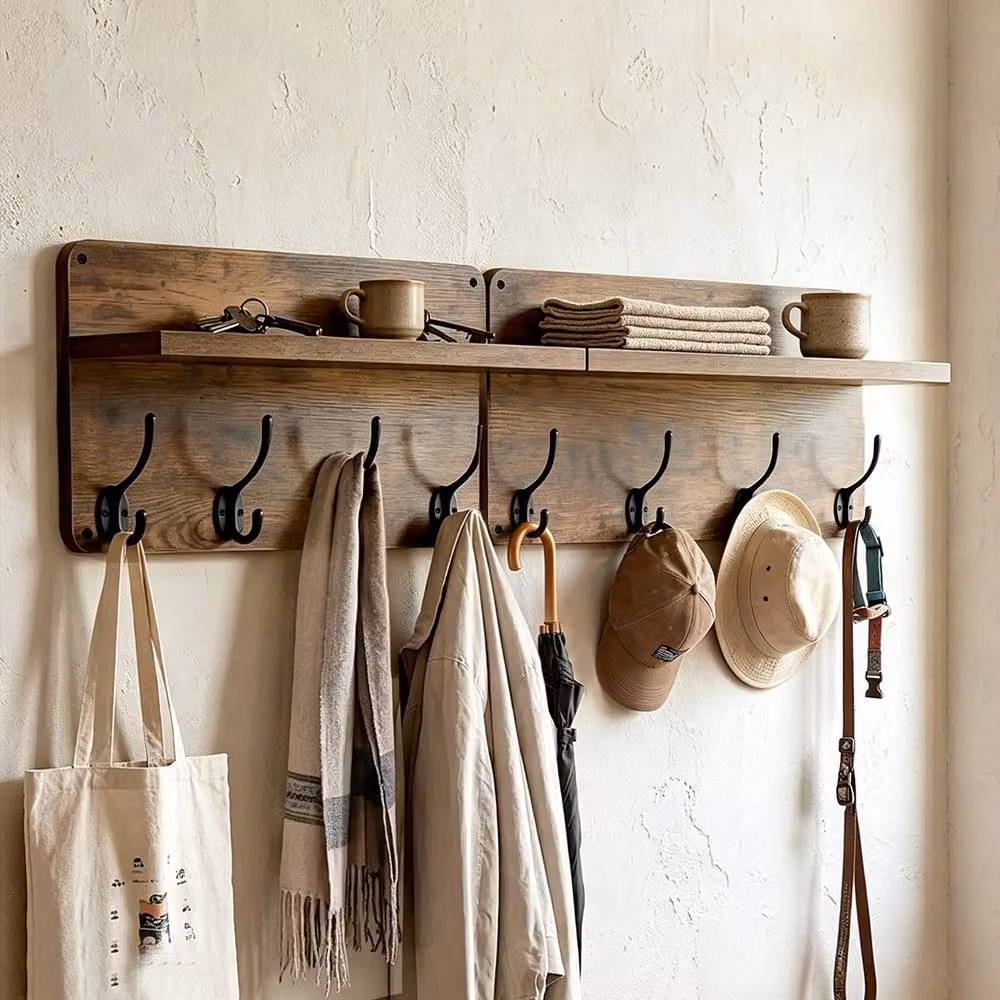 FORGEVIO 2 Pack Wooden Wall Coat Rack with 8 Hooks in Brown – 5