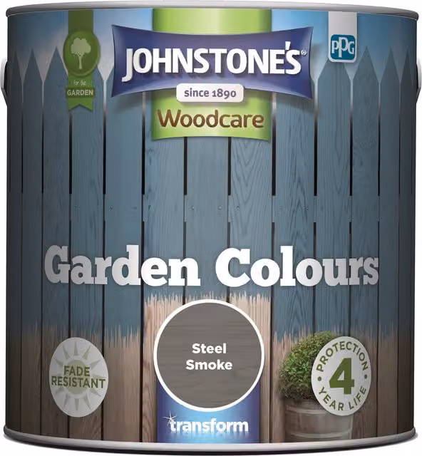Johnstone's Garden Colour Steel Smoke Wood Paint in Grey and Orange