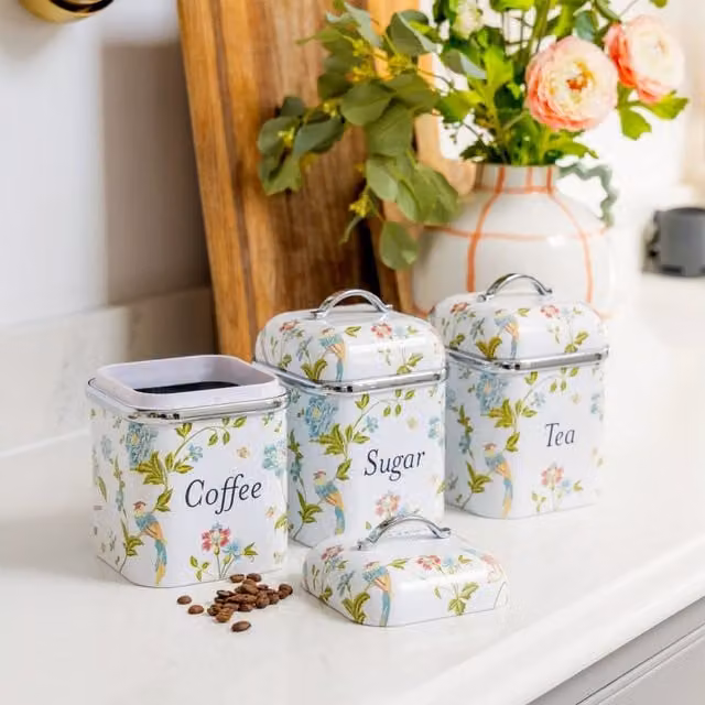 LauraAshley Set of 3 China Rose Floral Enamel Canisters, White