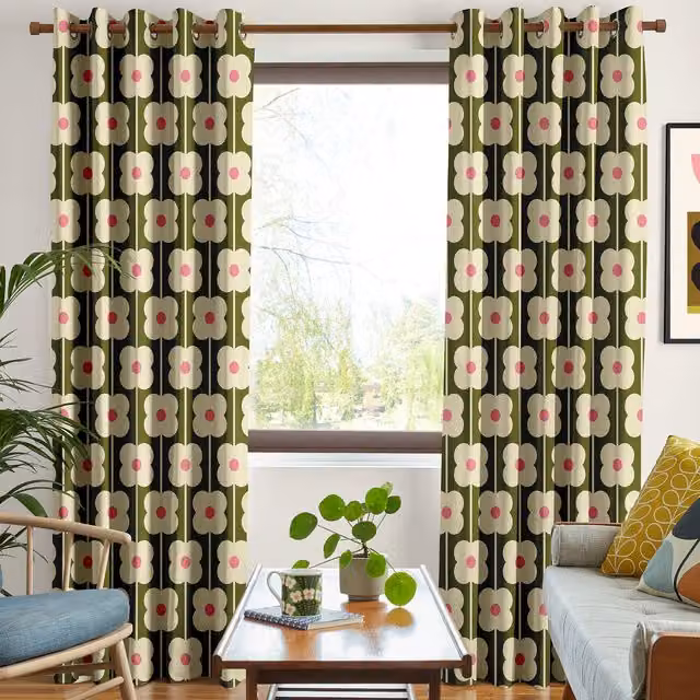 Orla Kiely Abacus Flower Made To Measure Blackout Eyelet Curtains in Seagrass, Green and Pink Cotton