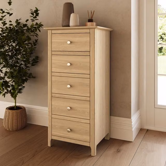 FWStyle 5 Drawer Tall Slim Storage Chest in Natural Oak Finish, H 102 cm x W 40 cm x D 50 cm