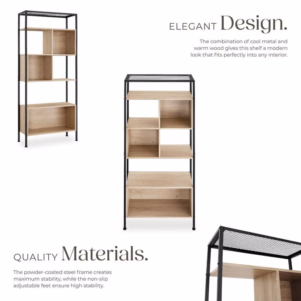 tectake Hastings Free Standing Shelf with 5 Tiers and 3 Storage Compartments in Light Brown – 4