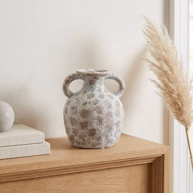 Garden Greatness Aged Stone Amphora Style Tabletop Vase in Brown, H 14.0 cm x W 12.0 cm x D 14.0 cm