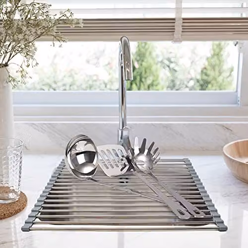 joeji's Kitchen Non-slip Roll Up Dish Drying Rack in Stainless Steel and Silicone, Silver/Grey, W: 43 cm, D: 35 cm – 3