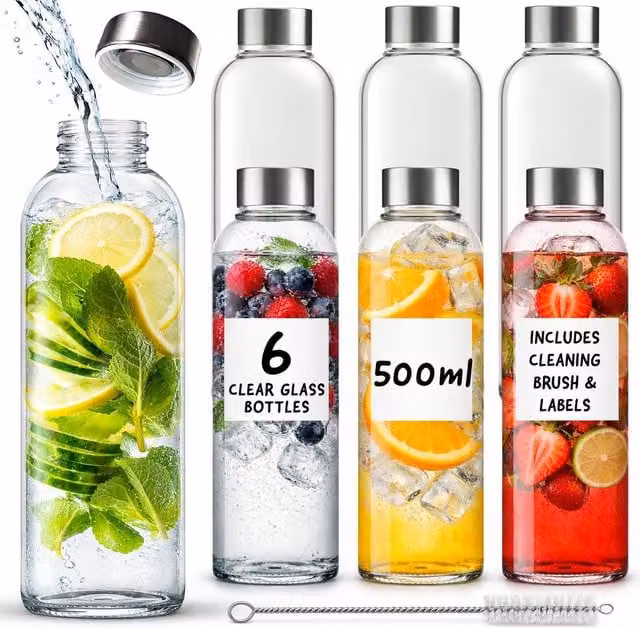 Volila 6 Pack Leakproof Clear Glass Bottles with Lids, Brush and Labels, 1000ml each
