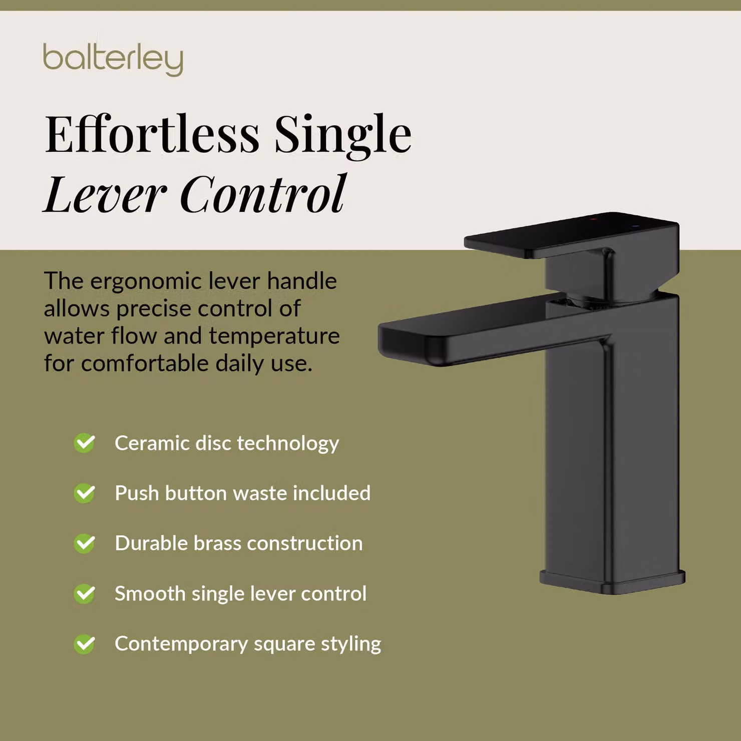 Balterley Square Mono Basin Mixer Tap with Push Button Waste in Matt Black – 3