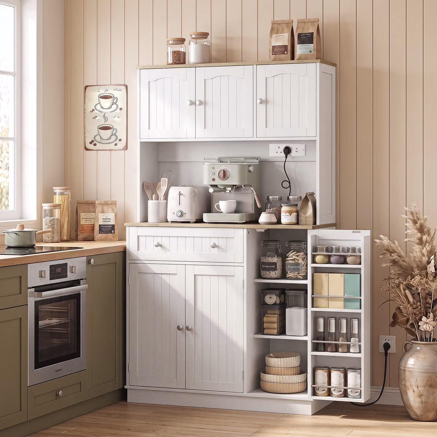 HOMCOM White Tall Kitchen Cupboard and Pantry Storage Cabinet with Charging Station and Adjustable Shelves, Height: 173 cm – 2