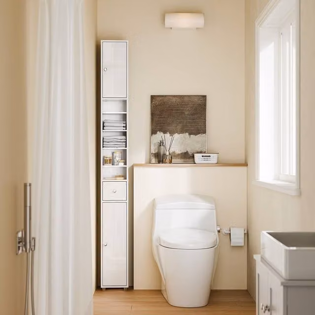 SoBuy Slim Tall Bathroom Cabinet in Gloss White with Mirrored Soft-Close Doors