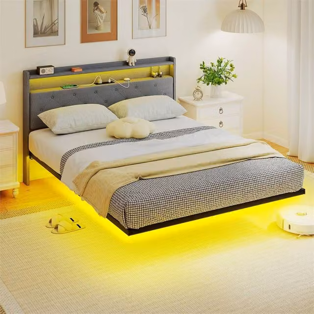 HOMCOM FLAVORA King Size Upholstered Bed Frame in Grey with RGB LED Under-Bed Lighting, USB Charging Ports and Bedside Shelves – 1