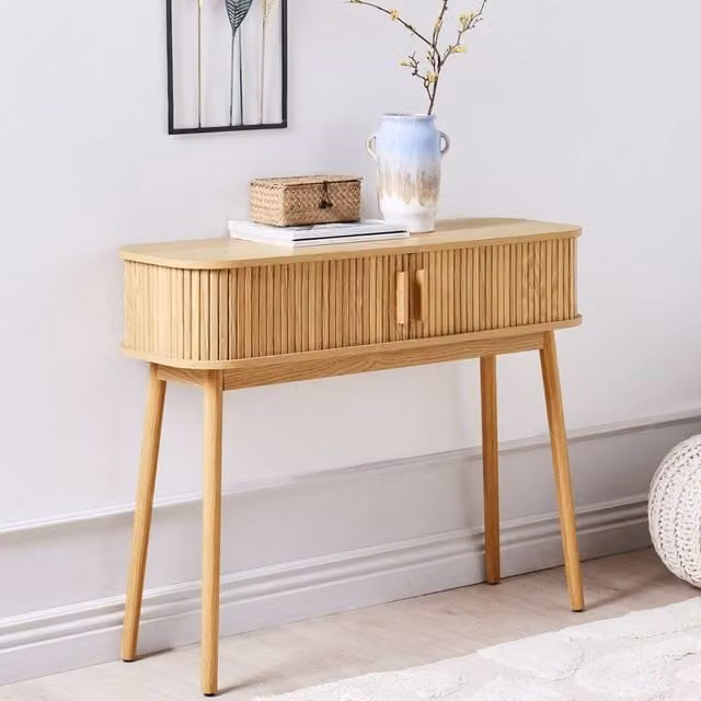 Wyld and Coco Sliding Cabinet Console Table with Pine Legs, Brown, W: 100 cm, D: 35 cm