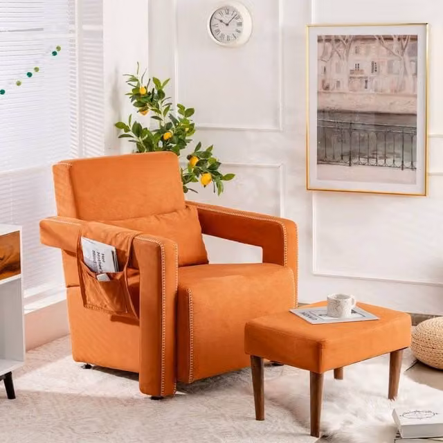Kelvenix Modern Accent Sofa Chair with Ottoman, Orange Fabric with Solid Wood Frame