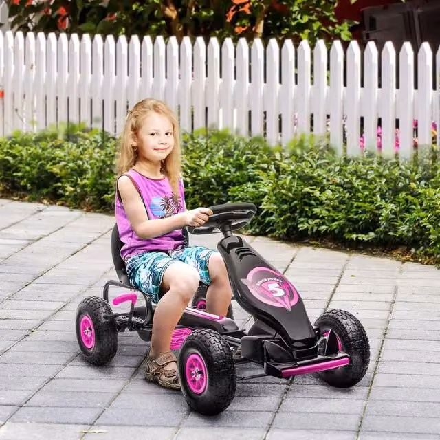 HOMCOM Childrens Pedal Go Kart with Adjustable Seat and Solid Rubber Wheels in Pink