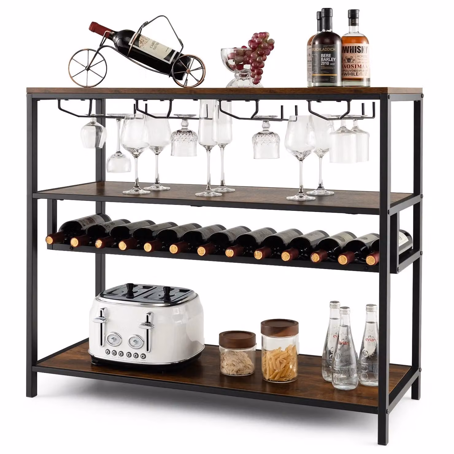 Costway Industrial Bar Cabinet in Brown with Wine Rack and 4 Rows of Glass Holders – 5