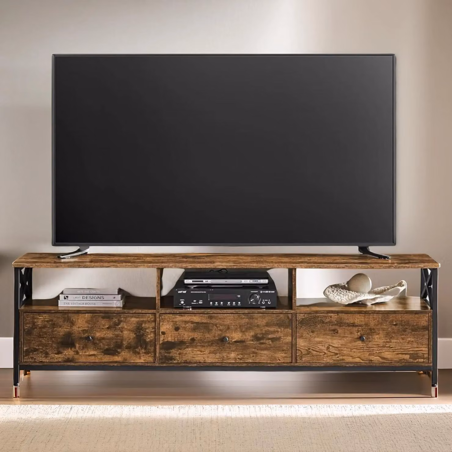 Pirlo Plush Industrial TV Stand Unit with 3 Drawers in Rustic Brown and Black, W: 178.0 cm, D: 50.0 cm, H: 50.0 cm – 2