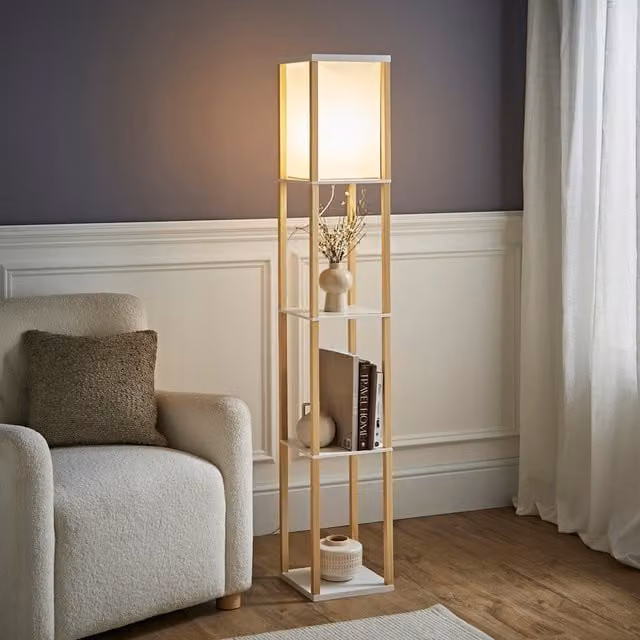 ValueLights Struttura Shelving Unit Floor Lamp with Fabric Shade in Wood