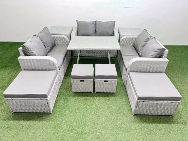 Fimous 10 Seater Modern Rattan Garden Furniture Set with Dining Table and Love Sofa in Light Grey