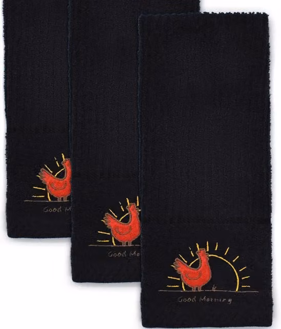 Kitchen Trends Set of 3 Black Cotton Chicken Design Embroidered Highly Absorbent Tea Towels