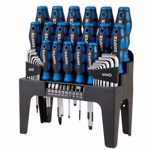 Draper 44 Piece Precision Screwdriver, Hex Key and Bit Set with Magnetic Tips and Tool Stand in Blue and Multicolour – 1