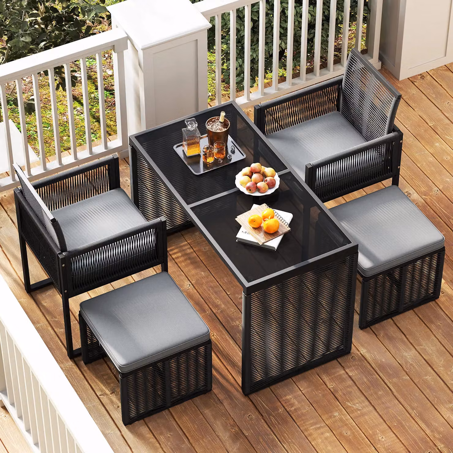 Costway 5 Piece Grey Polyrattan Outdoor Patio Dining Set with Glass Top Table – 6