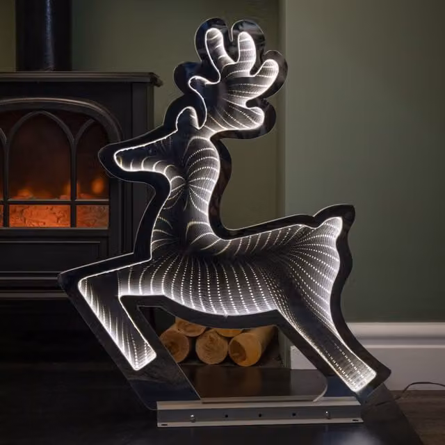 Samuel Alexander Ice White LED Infinity Leaping Reindeer Christmas Decoration with Metal Base, Height: 60 cm