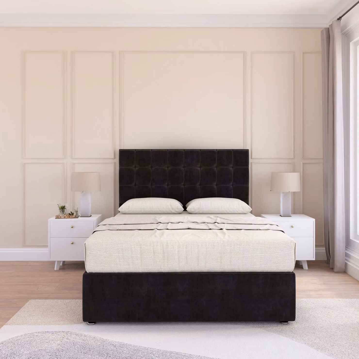 Sloomy Alabama Single Divan Bed Base with 54 inch Floor Standing Headboard in Black Velvet Fabric