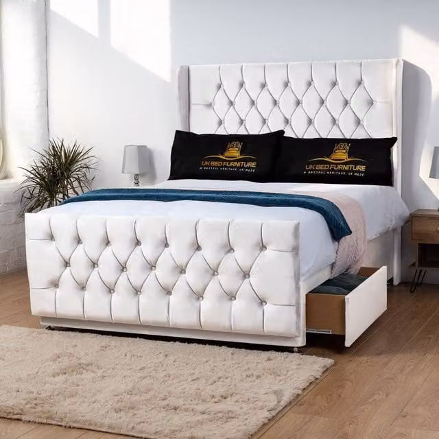 UK Bed Furniture Balamore Wingback Divan Bed with 54 Inch Headboard and 2 Drawers in White, Small Double, W/D/H: 120 x 200 cm