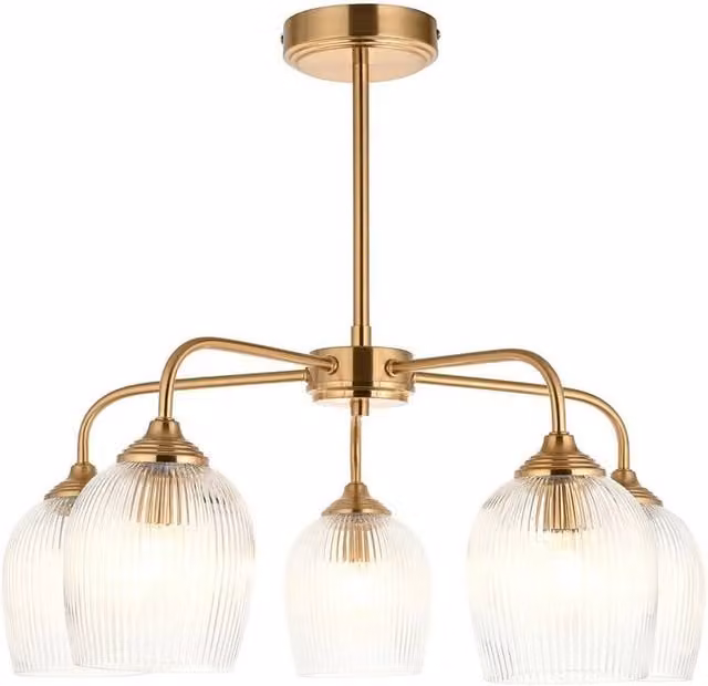 Netlighting Ashcroft Ribbed Multi Arm Pendant Light with Transparent Glass Shades in Gold/Brass, 5x E14 – 1