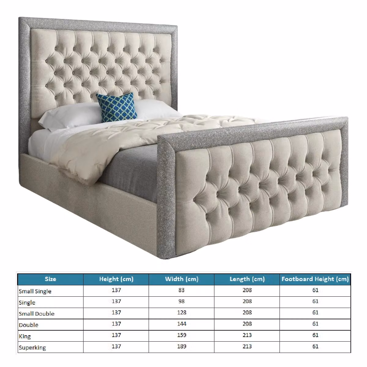 Casani Venice Glitter Border Upholstered Soft Velvet Bed Frame in Cream, W/D/H: 137 x 128 x 200 cm – 4