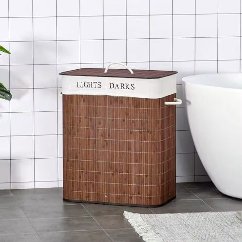 HOMCOM 100L 2-Section Collapsible Laundry Basket with Lid and String Handles, Brown – 2