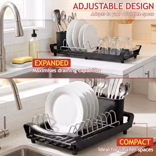 Spares2go Expandable Stainless Steel Dish Drainer with Cutlery Holder, Black – 4