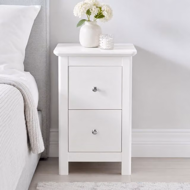 Nairn White Lacquered 2 Drawer Petite Bedside Cabinet Storage Unit