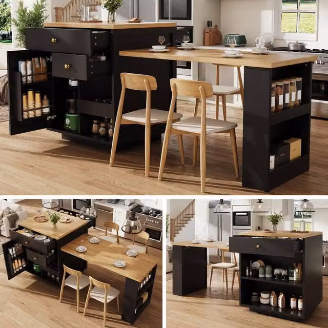 Rolipo Black Extendable Modern Kitchen Island with Storage and Wine Rack