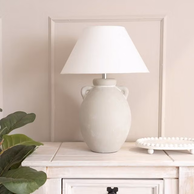 ValueLights Daphne Stoneware Table Lamp with Fabric Tapered Shade in Natural, White and Beige