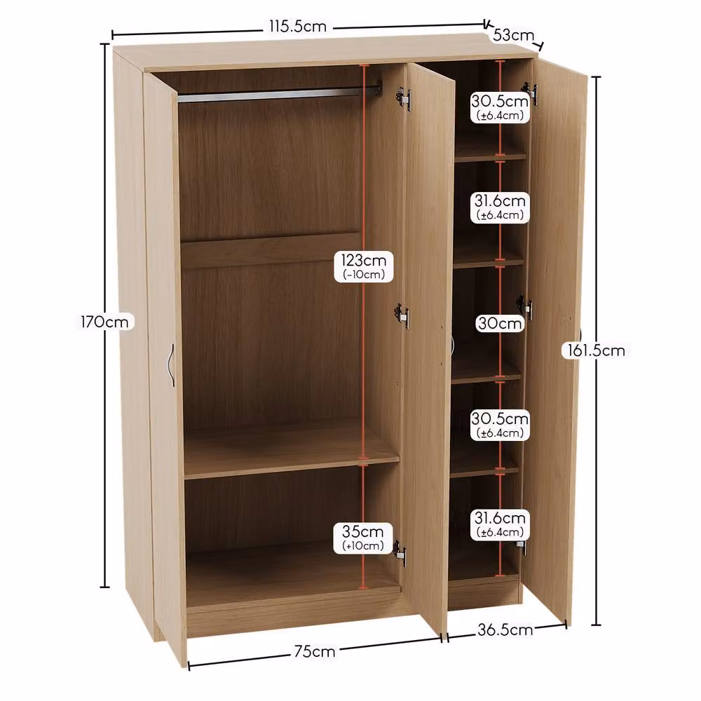 HD Designs Riano 3 Door Wardrobe in Brown with Internal Shelves and Hanging Rod, H 170.0 cm x W 115.5 cm – 2