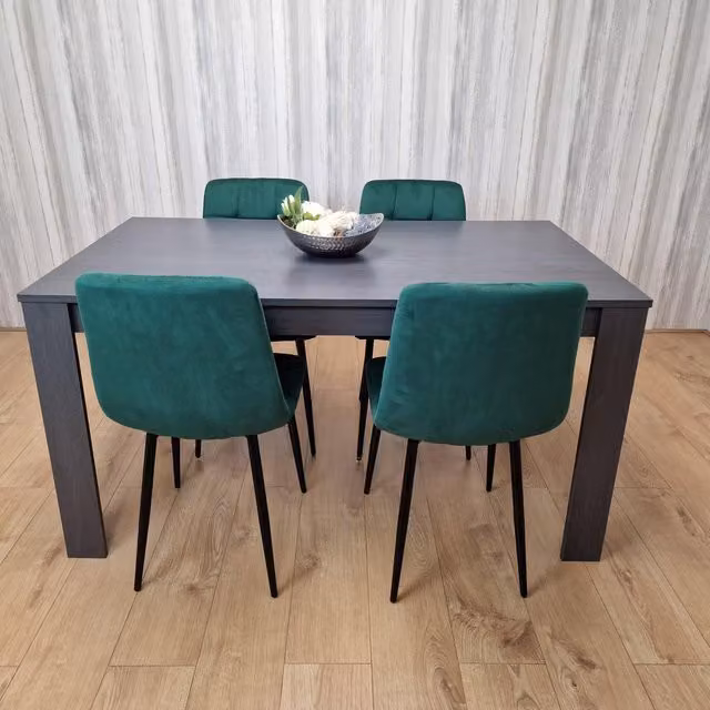 KOSY KOALA Language Dining Set with Grey Rectangular Table and 4 Green Velvet Chairs, W/D/H: 160 x 80 x 75 cm