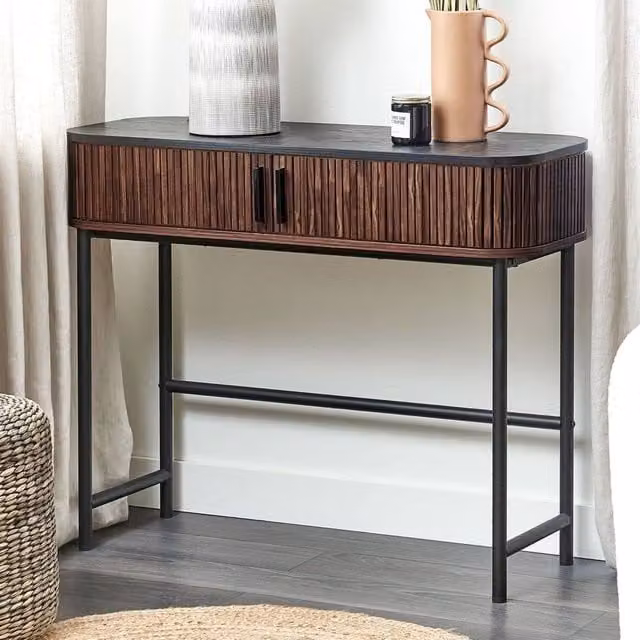 Wyld and Coco Retro Console Table in Brown with Sliding Doors, W/D/H: 100 x 35 x 82 cm