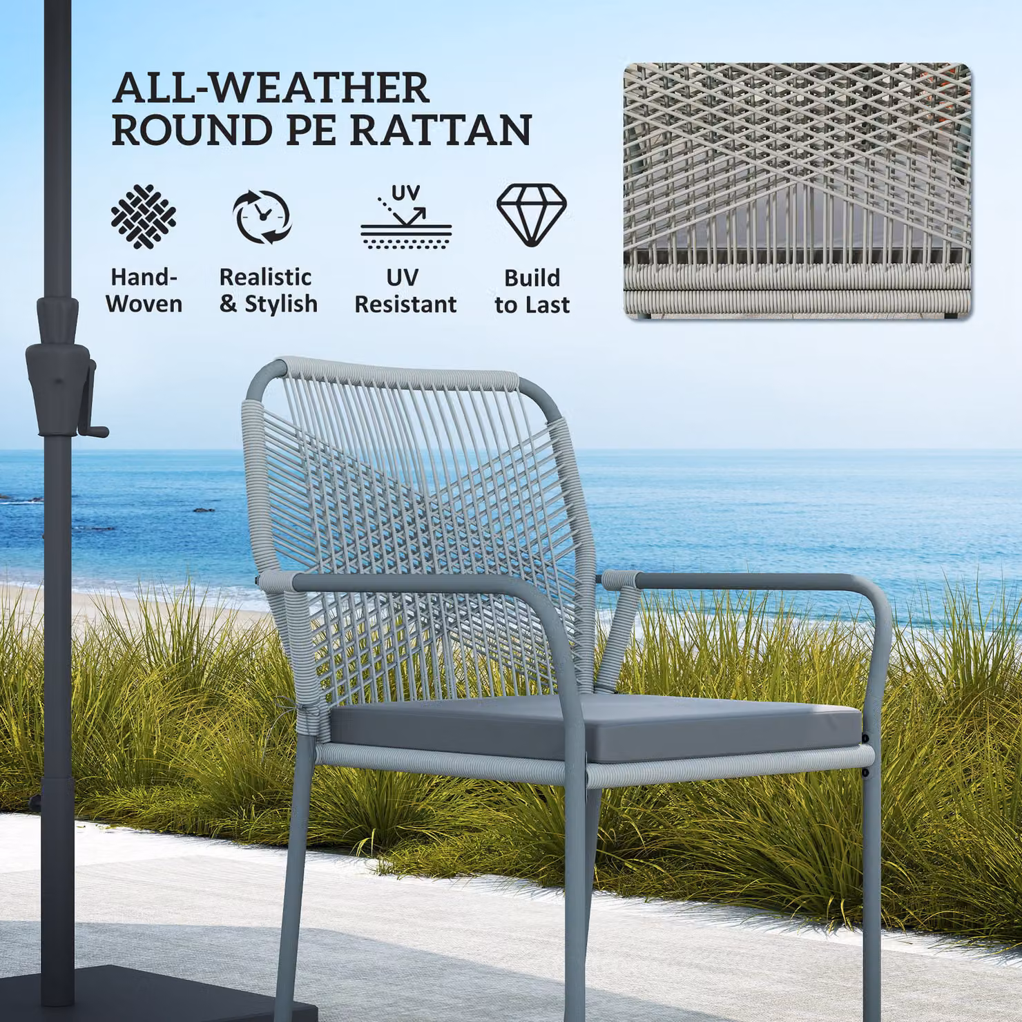 Outsunny Five-Piece Modern PE Rattan Garden Dining Set with Glass Table and Stackable Chairs in Light Grey – 4
