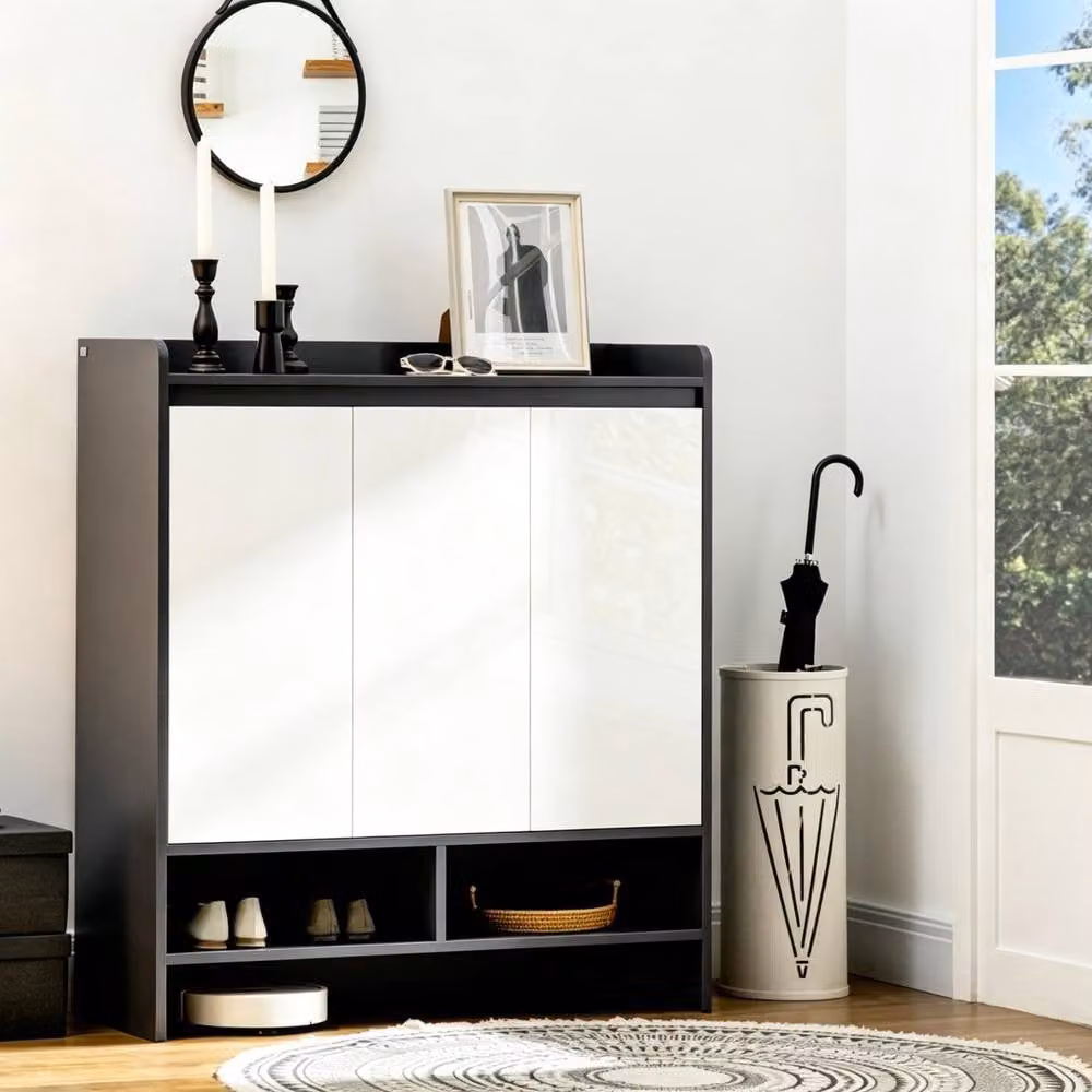 STILVORA Grey and White Modern Glossy Shoe Cabinet with Hinged Doors and Open Shelves – 2