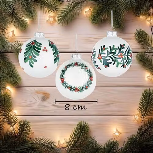 Shatchi 12-Piece Set of Glass Christmas Baubles in White, Green and Red with Assorted Holly, Greenery and Abstract Designs, Diameter: 8 cm – 2